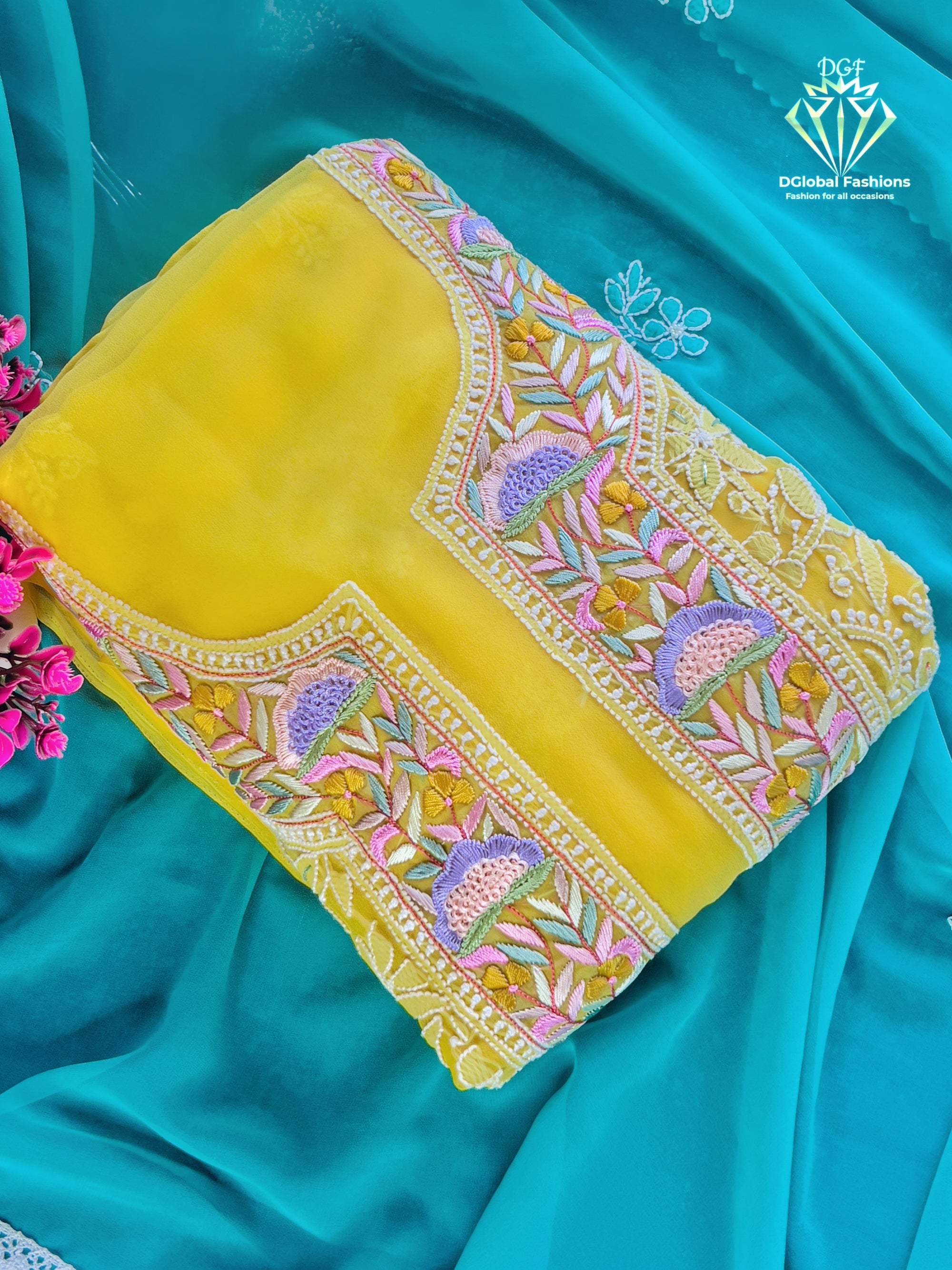 Unstitched Lucknowi Chikankari Parsi Gara handwork Suit