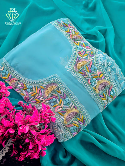 Unstitched Lucknowi Chikankari Parsi Gara handwork Suit