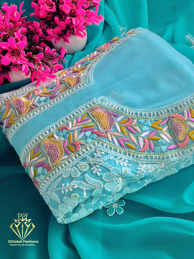 Unstitched Lucknowi Chikankari Parsi Gara handwork Suit