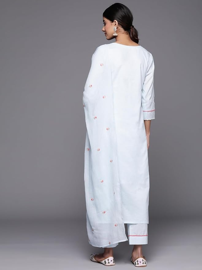 Pastel Blue Cotton Embroidered Straight Kurta Set with Dupatta
