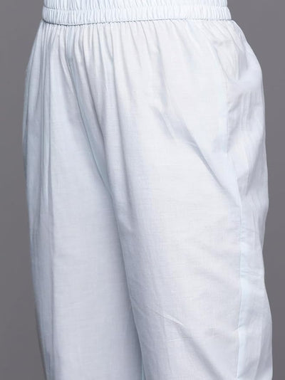 Pastel Blue Cotton Embroidered Straight Kurta Set with Dupatta