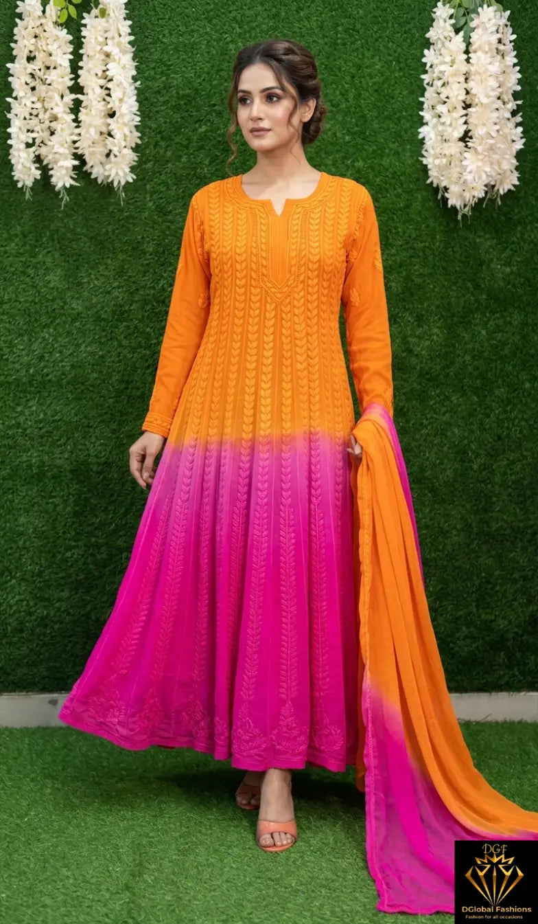Lucknowi Chikankari Ombré-Dyed Georgette Anarkali Suit