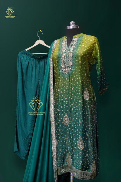 Step into timeless elegance with our Silk Banarsi Bandhej Kurta, Pant, and Chiffon Dupatta Set