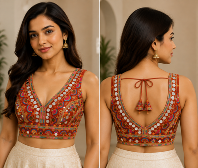 Silk Embroidered Mirror Work Sleeveless Blouse