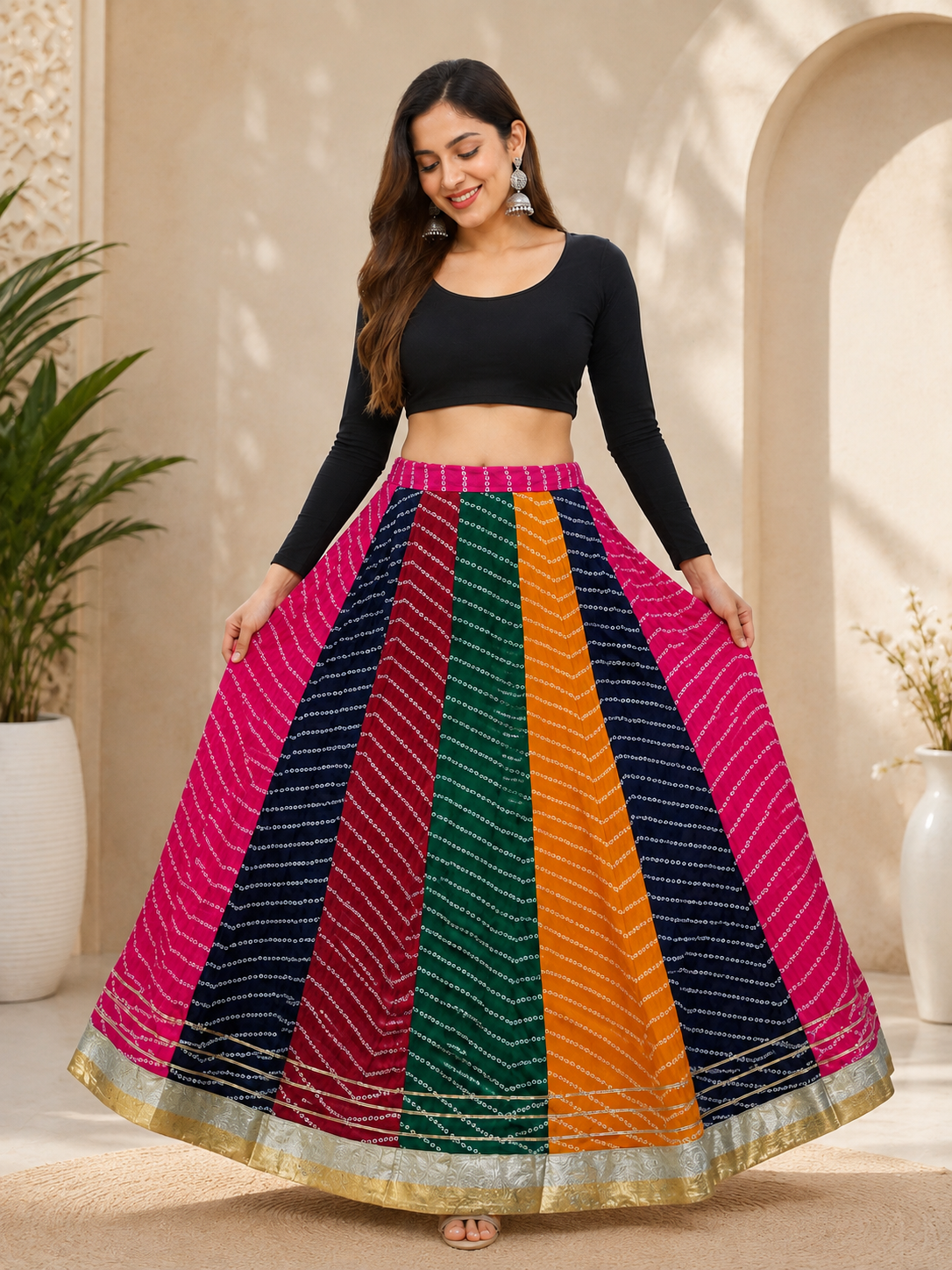 Multicolor Bandhej Print Lehenga Choli with Golden Border
