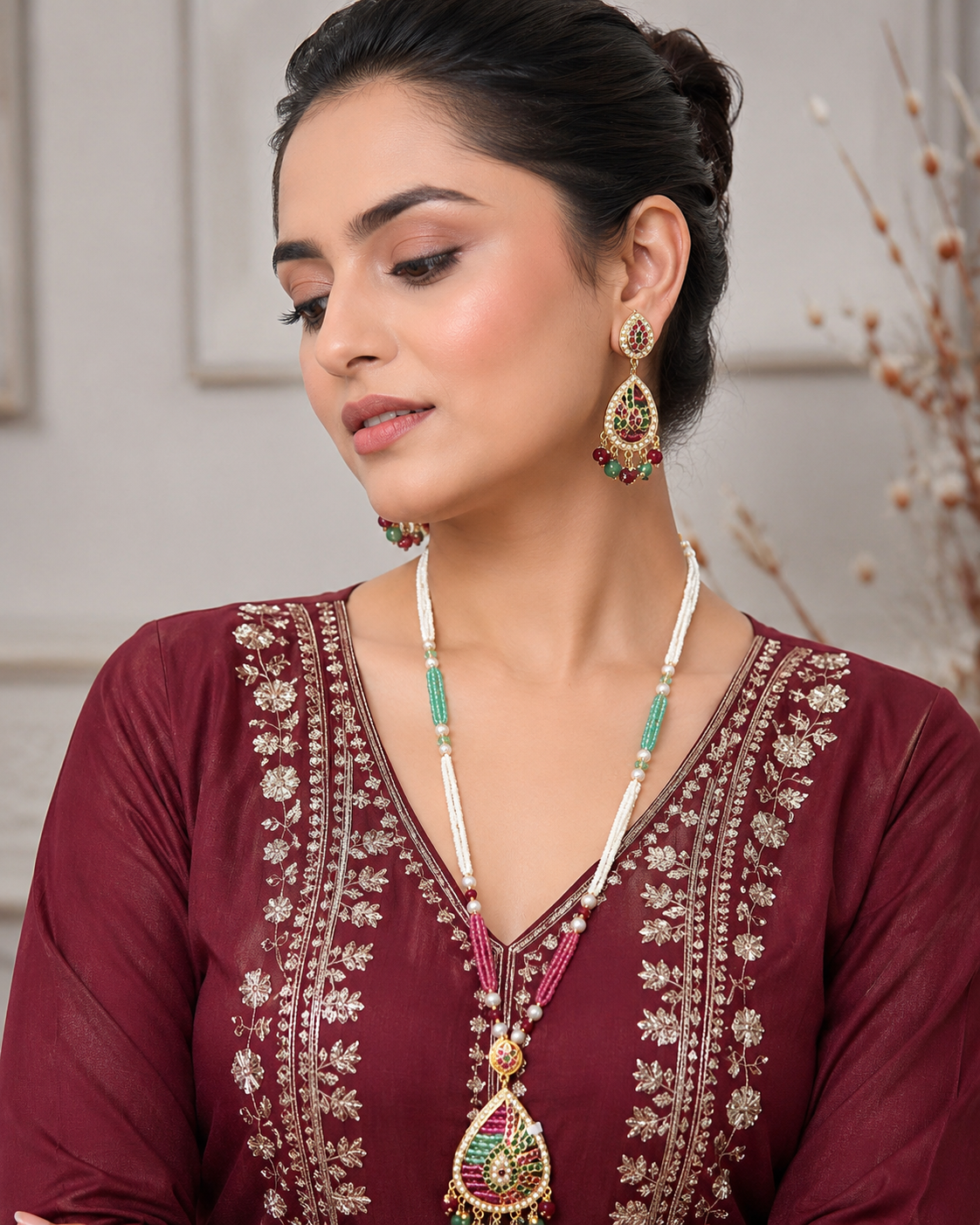 Kundan Meenakari Necklace Set with Pearl Beads & Matching Earrings | Multicolor Indian Jewellery