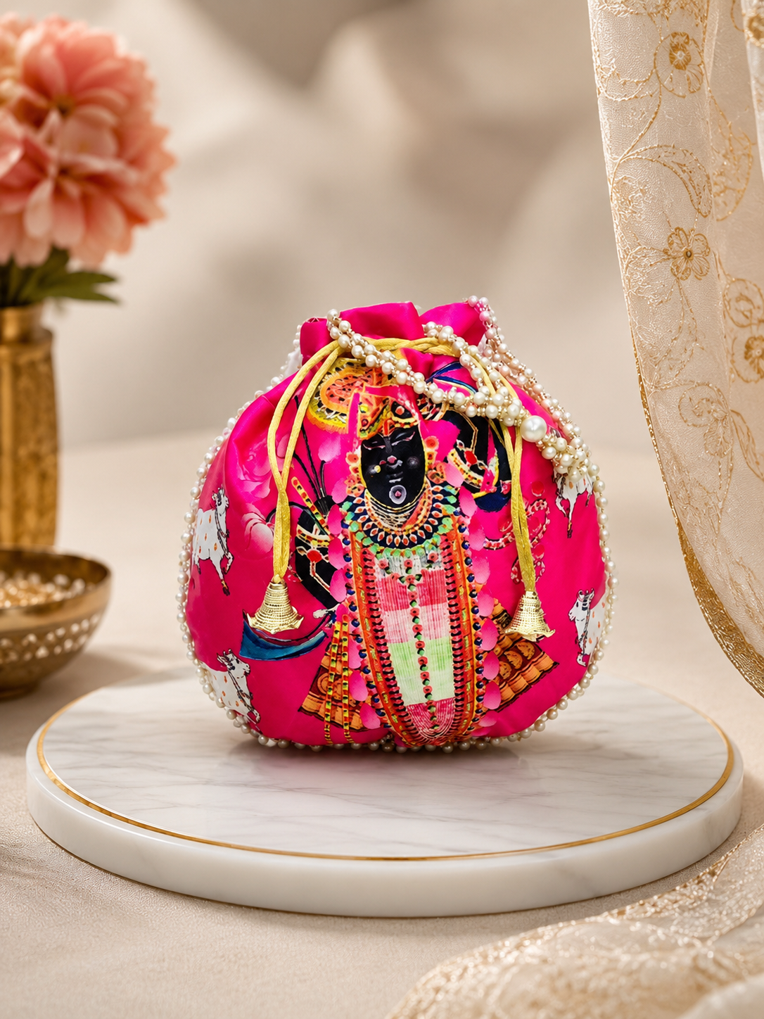 Shrinathji Digital Print Potli Bag for Women – Traditional Shagun Pouch with Pearl Handle | Wedding & Housewarming Gift