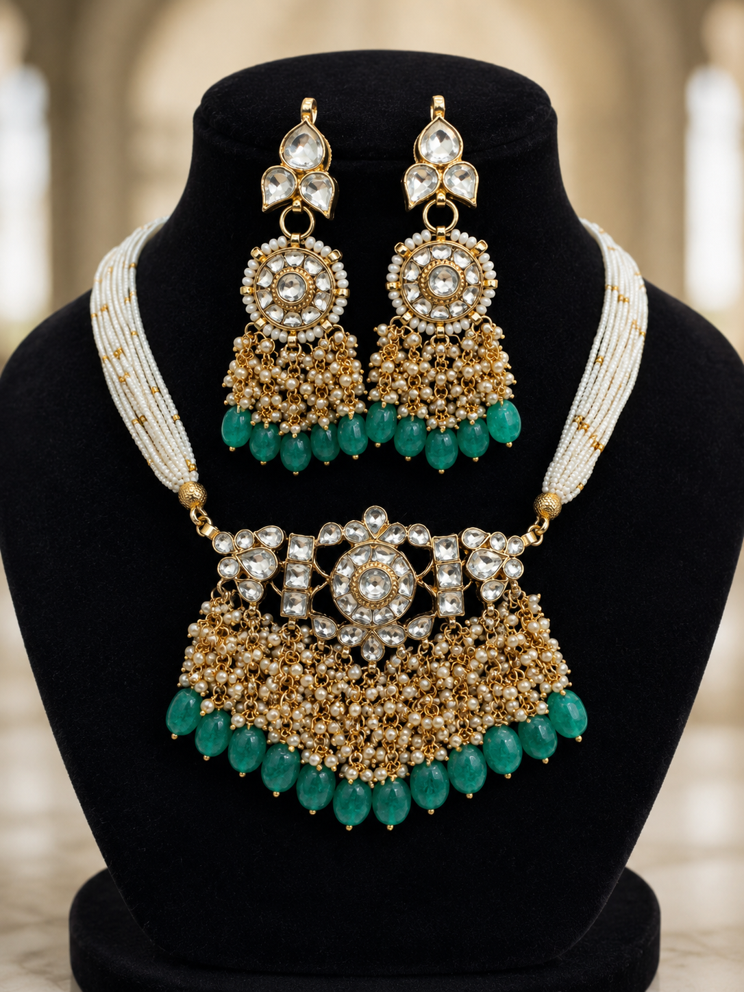 Choker Necklace Set with Pearl & Green Bead Drops