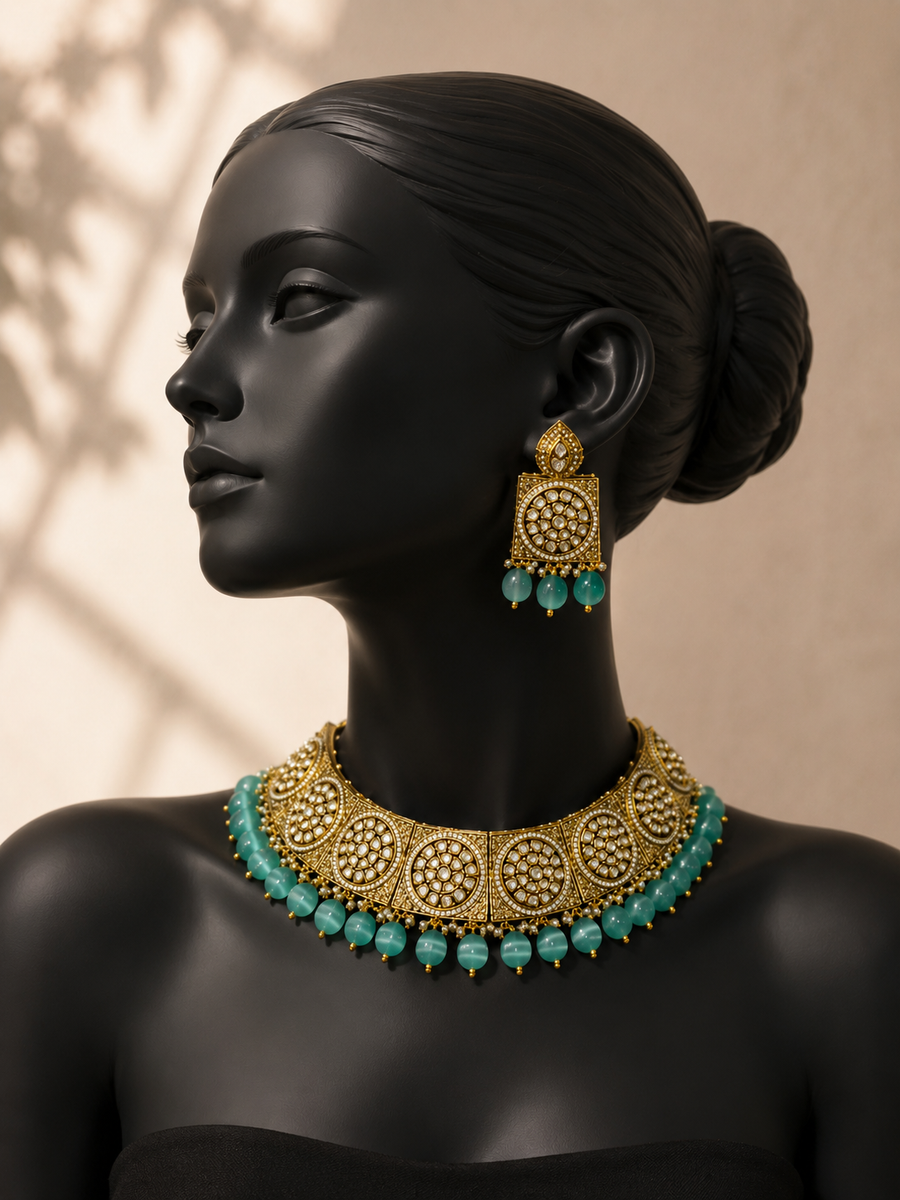 Premium Kundan Statement Choker Necklace Set with Matching Earrings