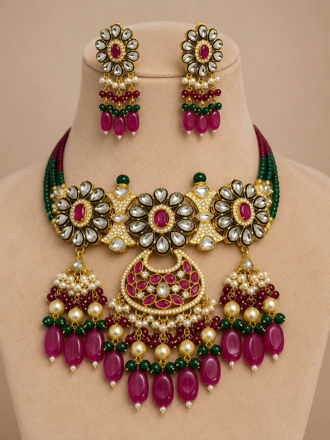 Kundan Floral Choker Necklace Set with Matching Earrings