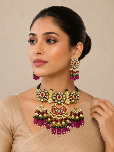 Kundan Floral Choker Necklace Set with Matching Earrings