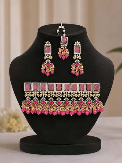 Pink Kundan Statement Choker Necklace Set with Matching Earrings & Maang Tikka