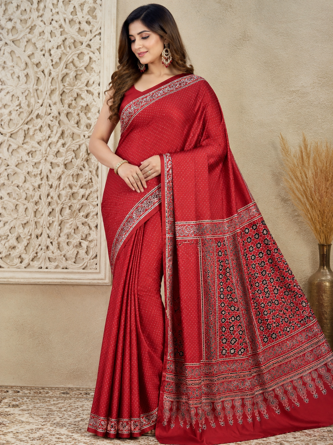 Premium Modal Silk Ajrakh Hand Block Printed Saree