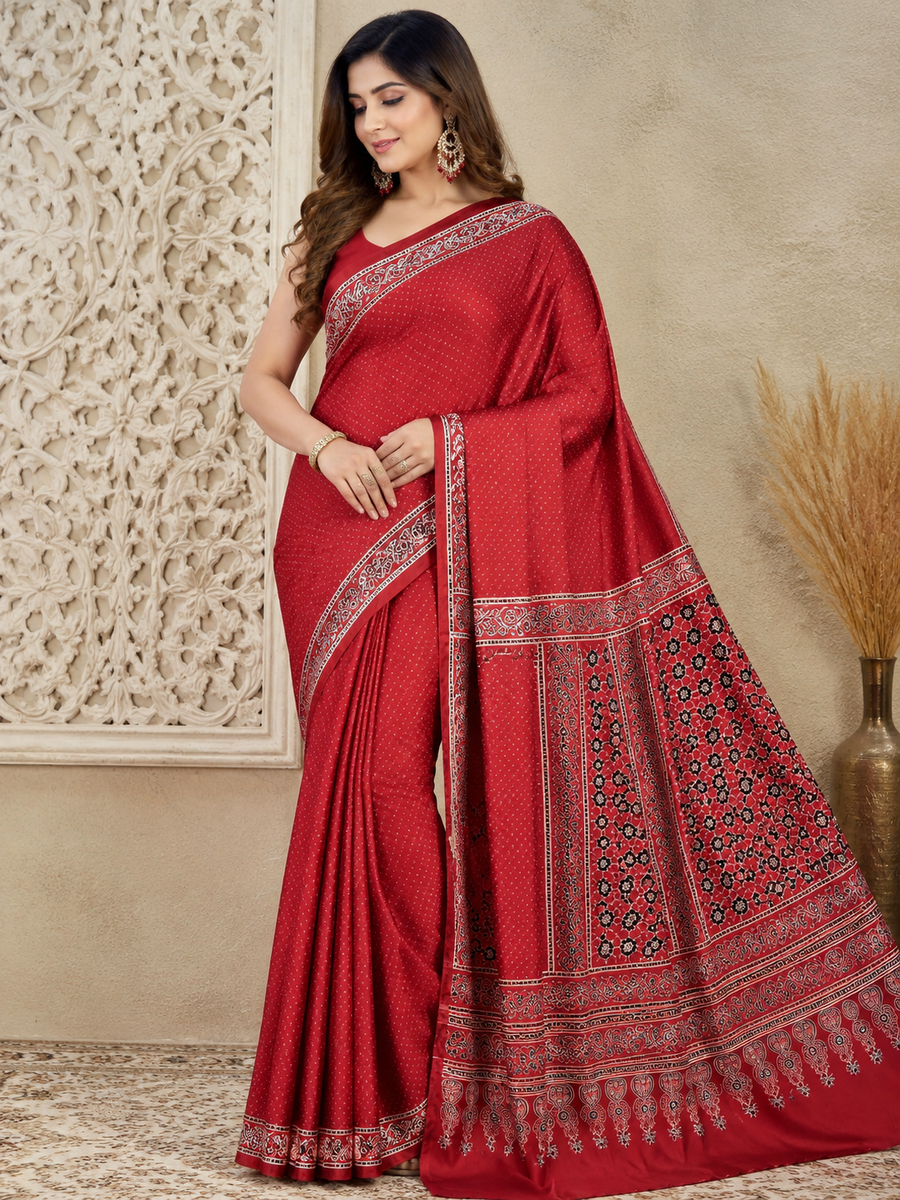 Premium Modal Silk Ajrakh Hand Block Printed Saree