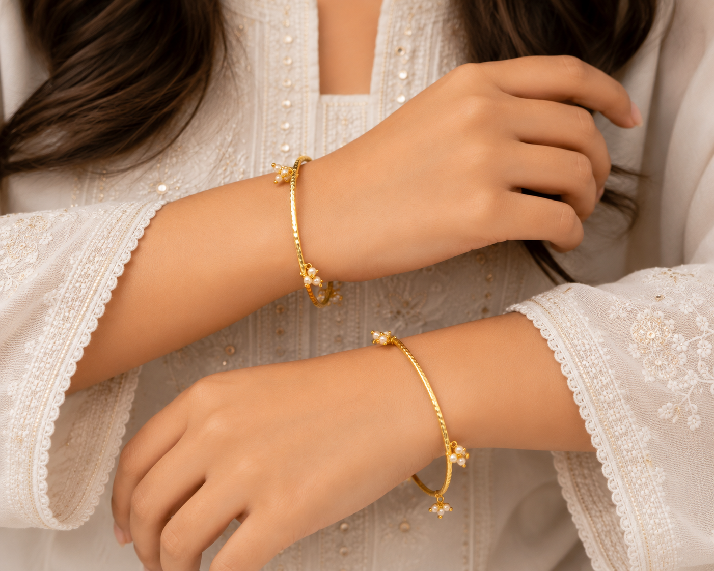 Silver Pearl Beaded Hand Cuff Bracelet – 2-Piece Set for Women
