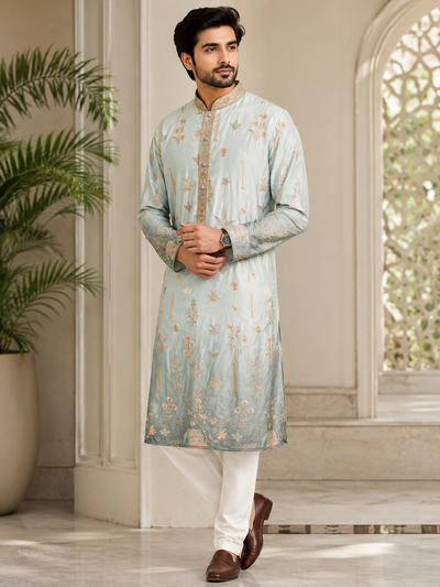 Men’s Silk Blend Embroidered Straight Kurta Set in Royal Blue with White Pants