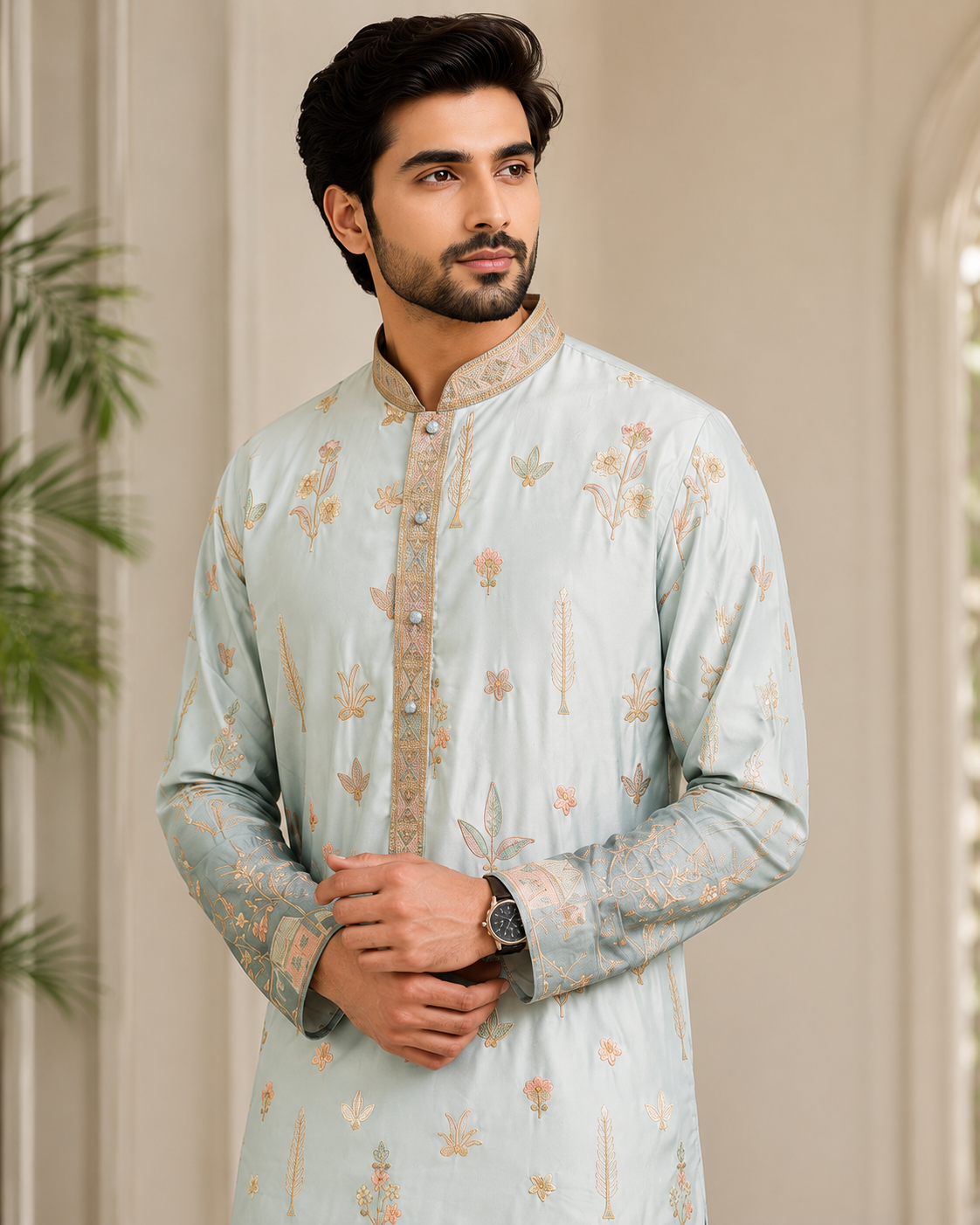 Men’s Silk Blend Embroidered Straight Kurta Set in Royal Blue with White Pants