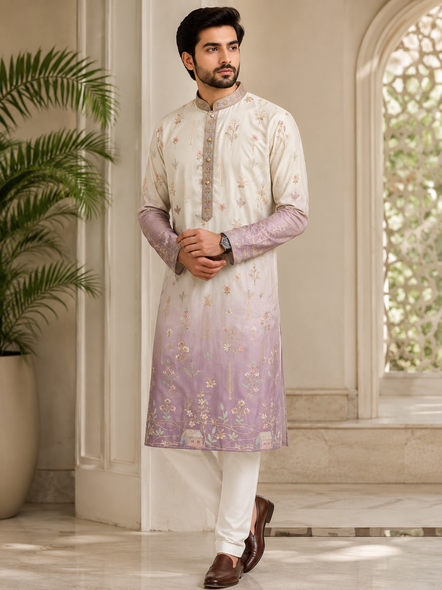 Men’s Silk Blend Embroidered Straight Kurta Set in Royal Blue with White Pants