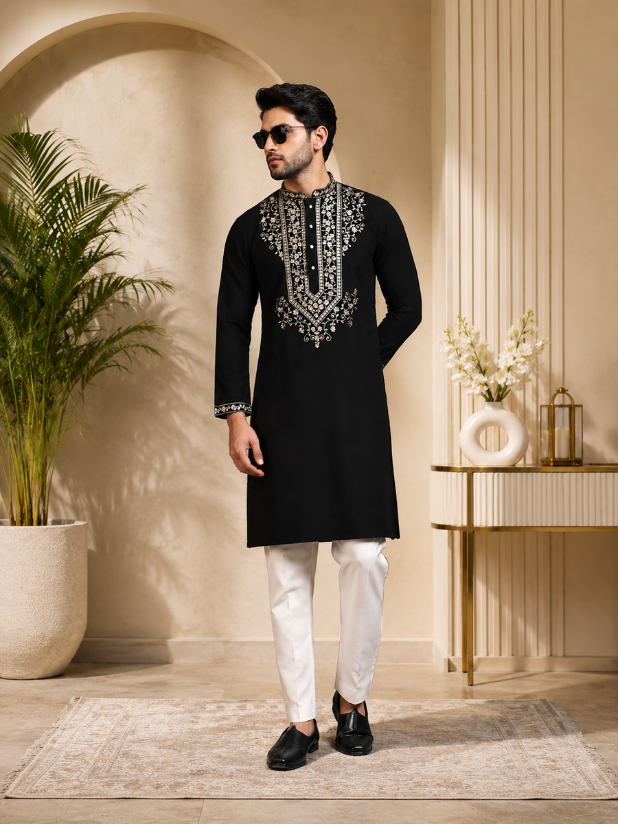 Men’s Thread & Sequin Embroidered Kurta Set with White Pants