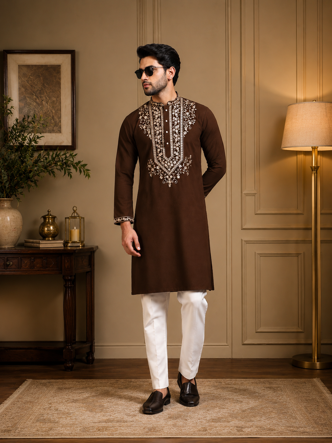 Men’s Thread & Sequin Embroidered Kurta Set with White Pants