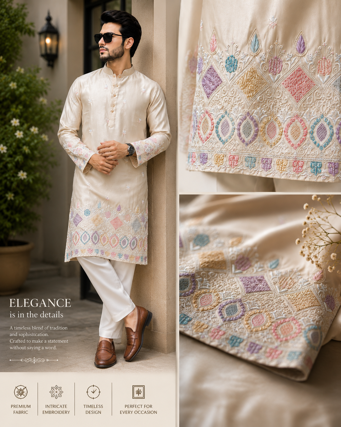 Men’s Embroidery & Sequin Kurta with White Pants