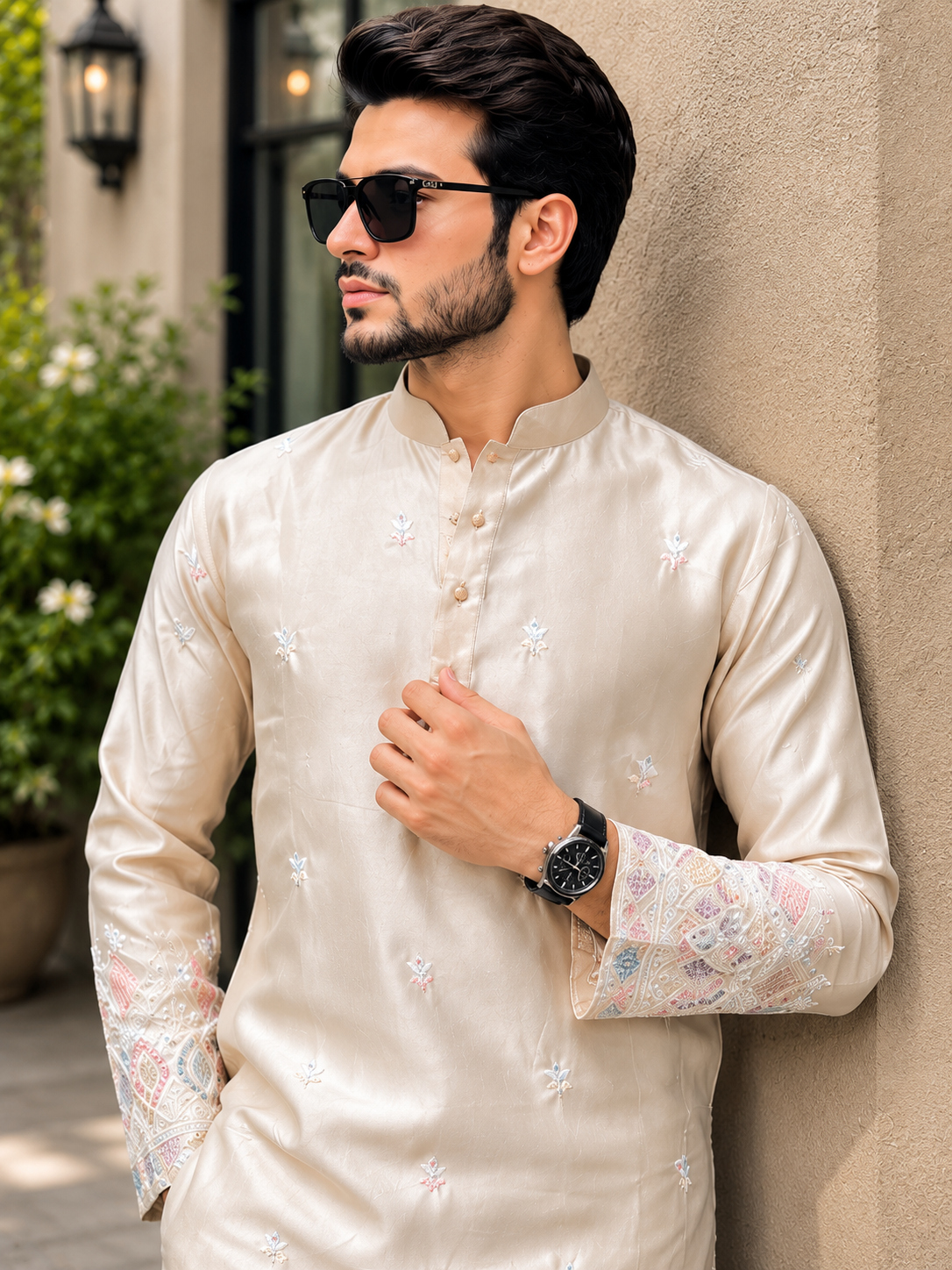 Men’s Embroidery & Sequin Kurta with White Pants