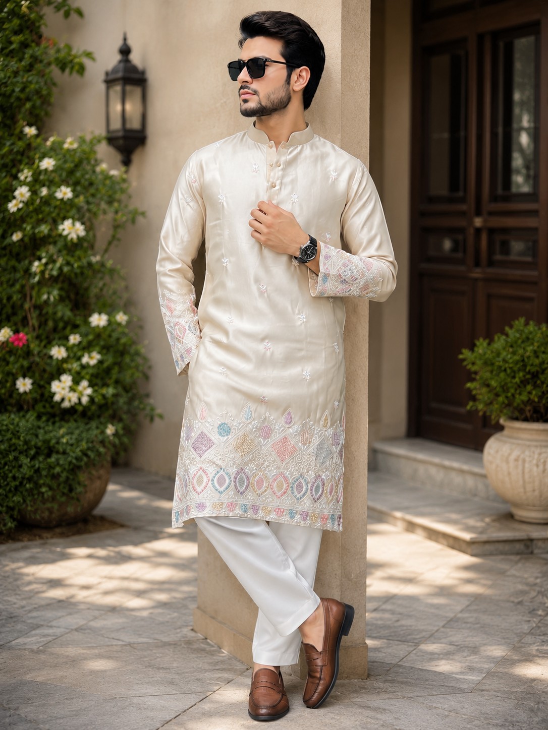 Men’s Embroidery & Sequin Kurta with White Pants