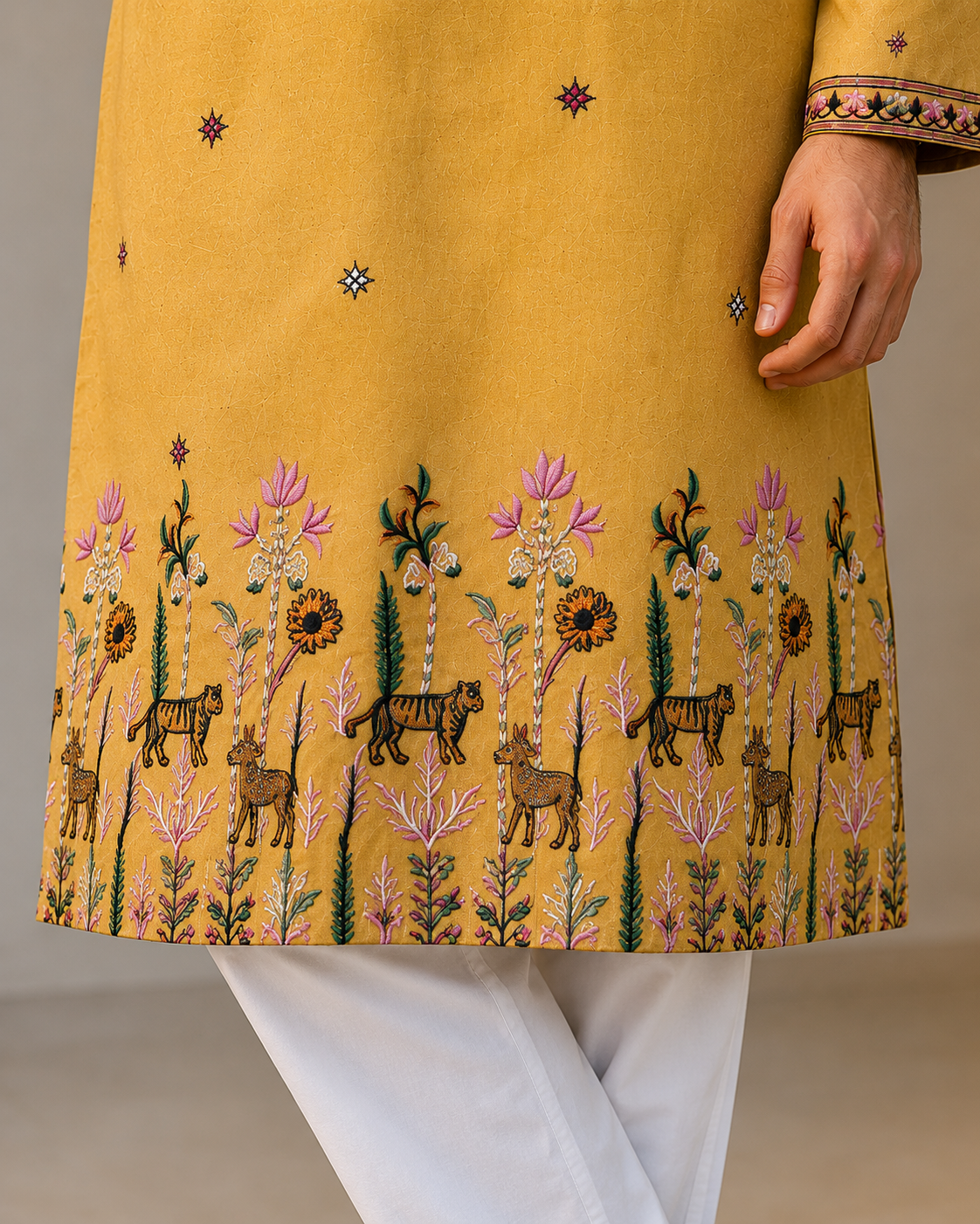 Men’s Thread & Sequin Embroidered Straight Kurta with White Pants for Wedding & Festive Wear