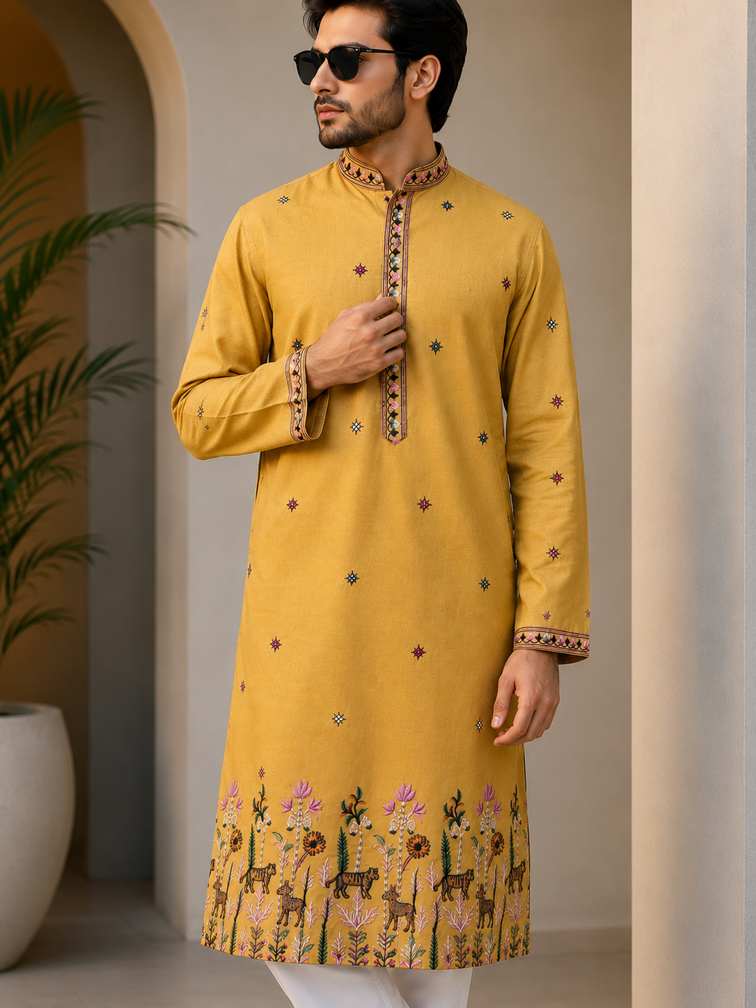 Men’s Thread & Sequin Embroidered Straight Kurta with White Pants for Wedding & Festive Wear
