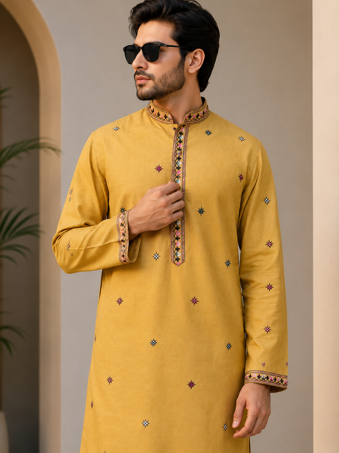 Men’s Thread & Sequin Embroidered Straight Kurta with White Pants for Wedding & Festive Wear