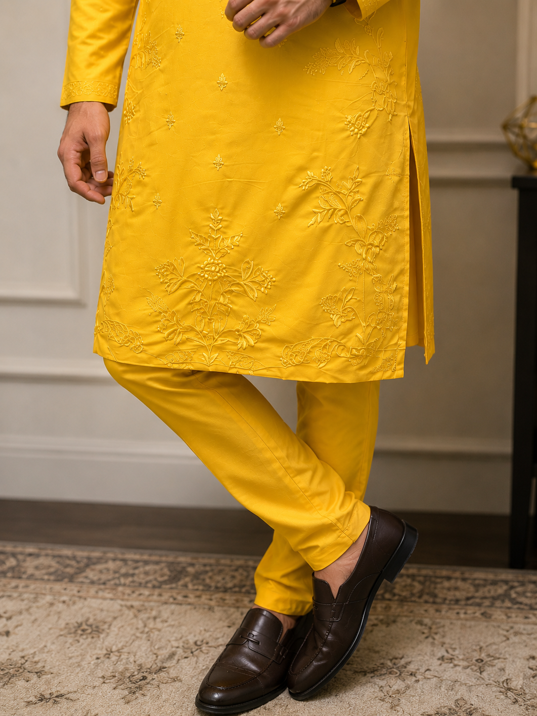 Mustard Yellow Embroidered Kurta Pajama Set for Men – Festive & Wedding Wear