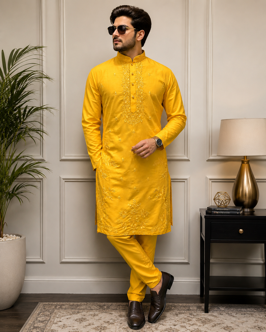 Mustard Yellow Embroidered Kurta Pajama Set for Men – Festive & Wedding Wear