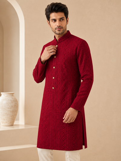 Maroon Chikankari Georgette Kurta Set with White Pants ✨