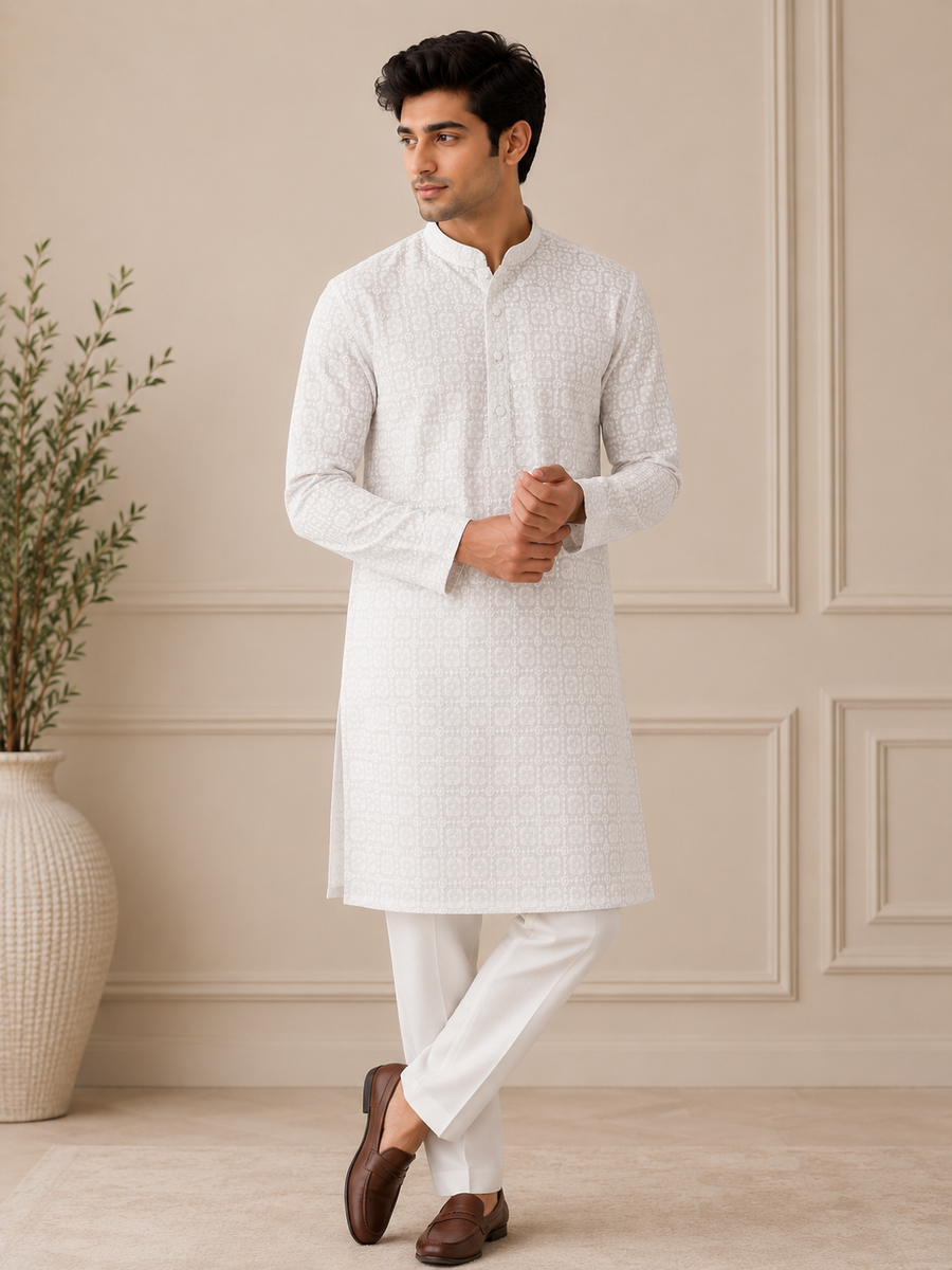 Chikankari Georgette Kurta Set with White Pants