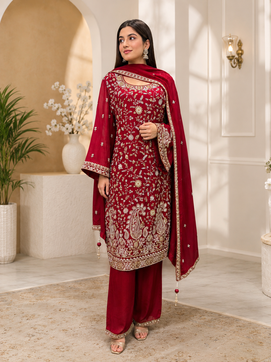 Elegant Georgette Heavy Embroidery Kurta Pant Set with Dupatta