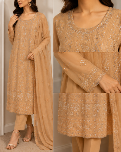 Lucknowi Chikankari Georgette 3-Piece Suit Set with Kasab Handwork Detailing