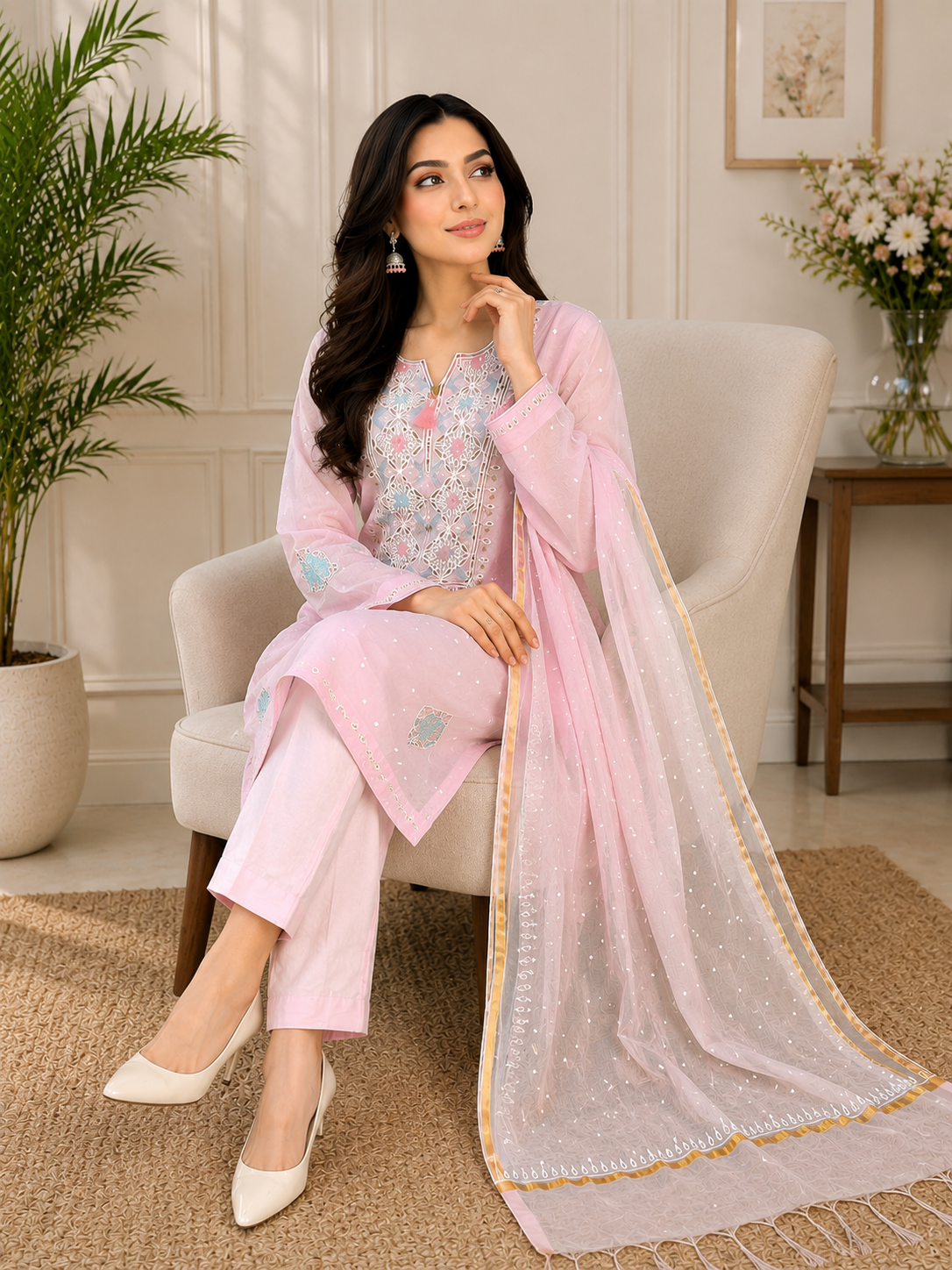 Mul Chanderi Lucknowi Chikankari Suit Set with Pitta & Pearl Work