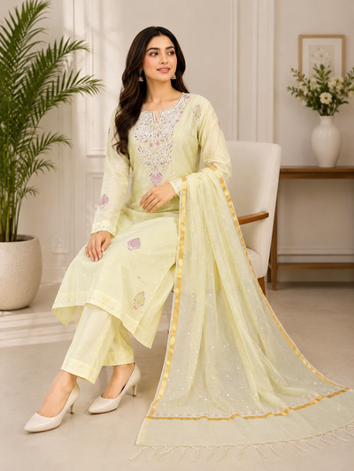 Mul Chanderi Lucknowi Chikankari Suit Set with Pitta & Pearl Work