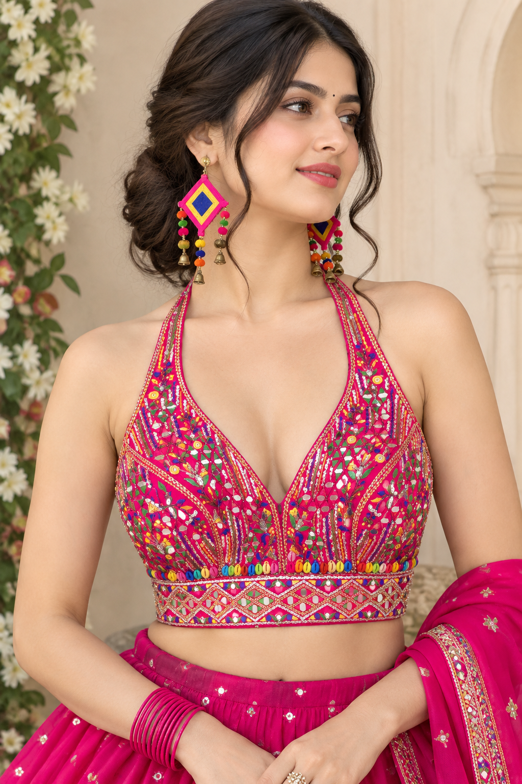 Navratri Look Mirror Work Halter Neck Blouse