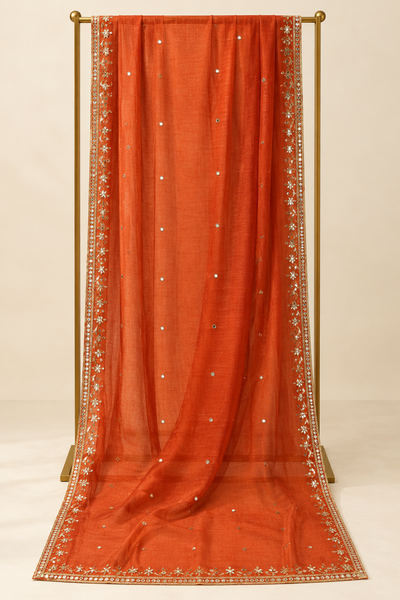 Elegant Embroidered Dupatta with Gold Floral Work & Sequin Border