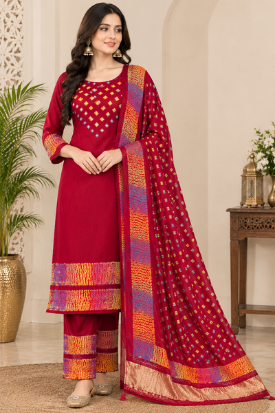 Hand-Dyed Modal Silk Suit Set with Multi Shibori & Bandhej Dupatta | Traditional Ethnic Wear