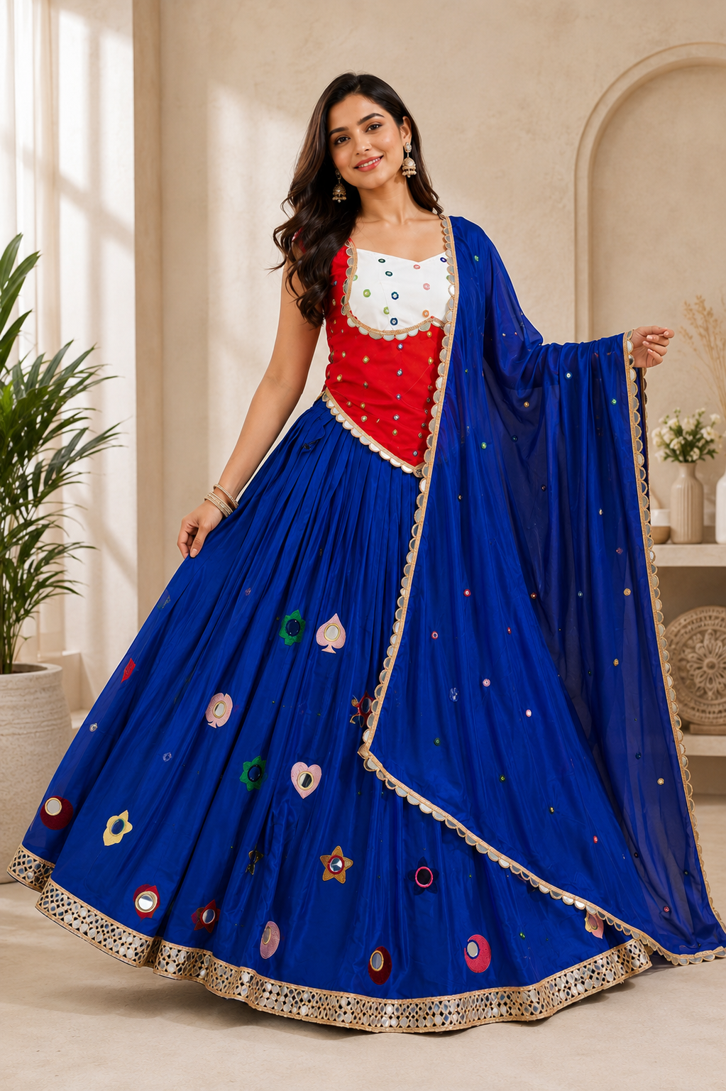 Premium Real Mirror Work Lehenga Set with Contrast Dupatta – 3-Piece Ethnic Ensemble