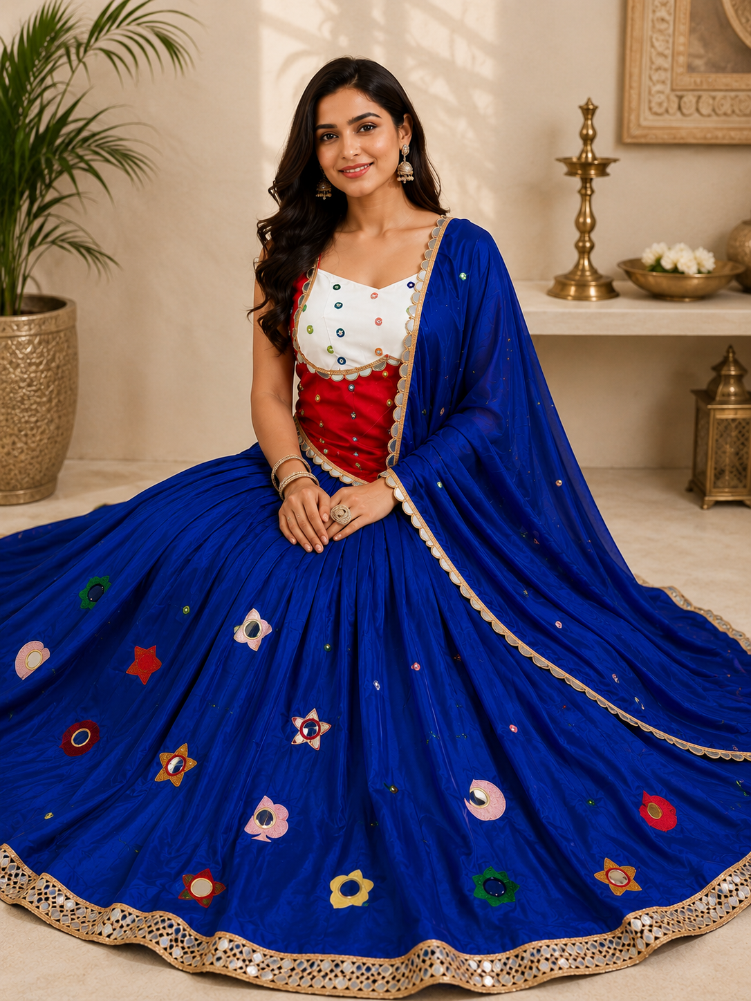 Premium Real Mirror Work Lehenga Set with Contrast Dupatta – 3-Piece Ethnic Ensemble
