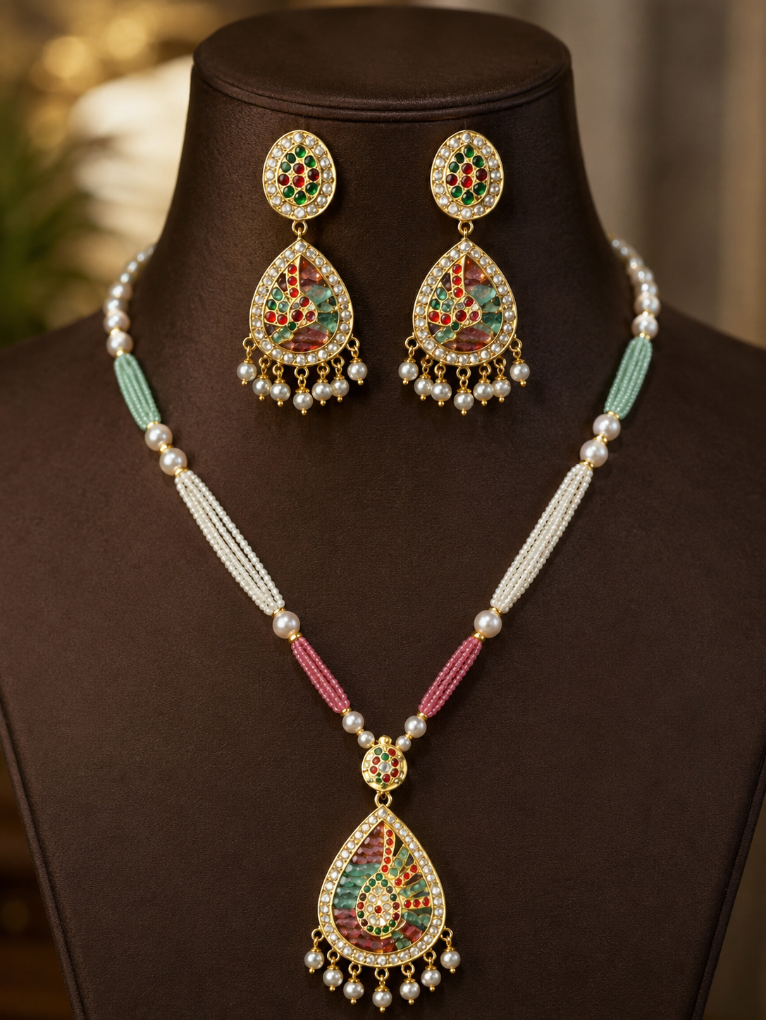 Kundan Meenakari Necklace Set with Pearl Beads & Matching Earrings | Multicolor Indian Jewellery