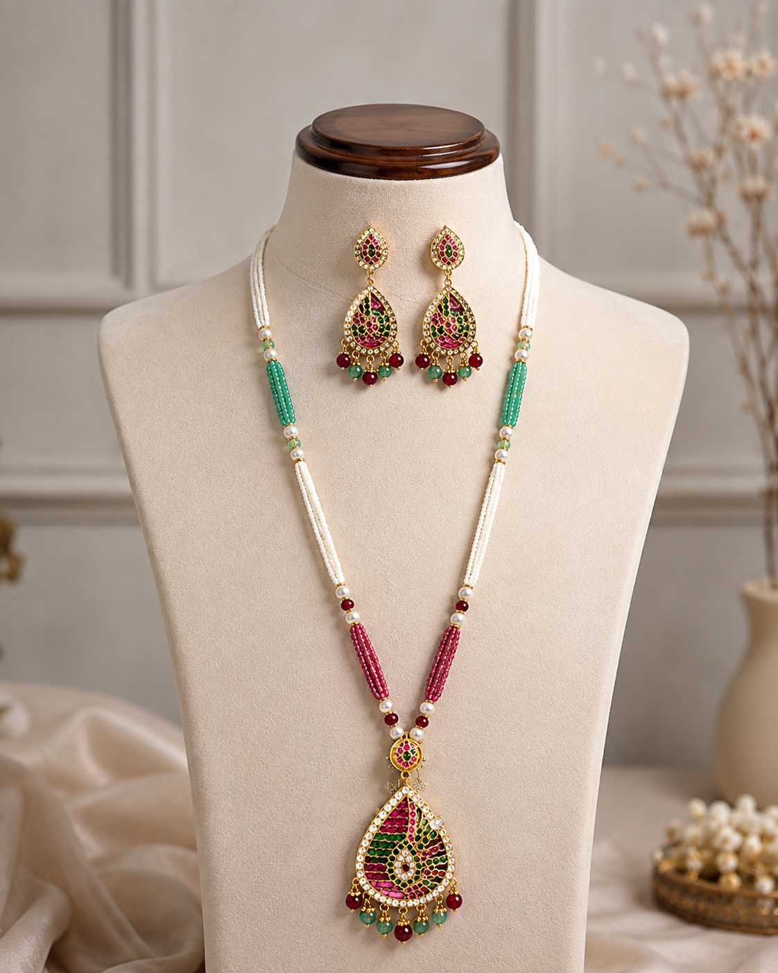 Kundan Meenakari Necklace Set with Pearl Beads & Matching Earrings | Multicolor Indian Jewellery