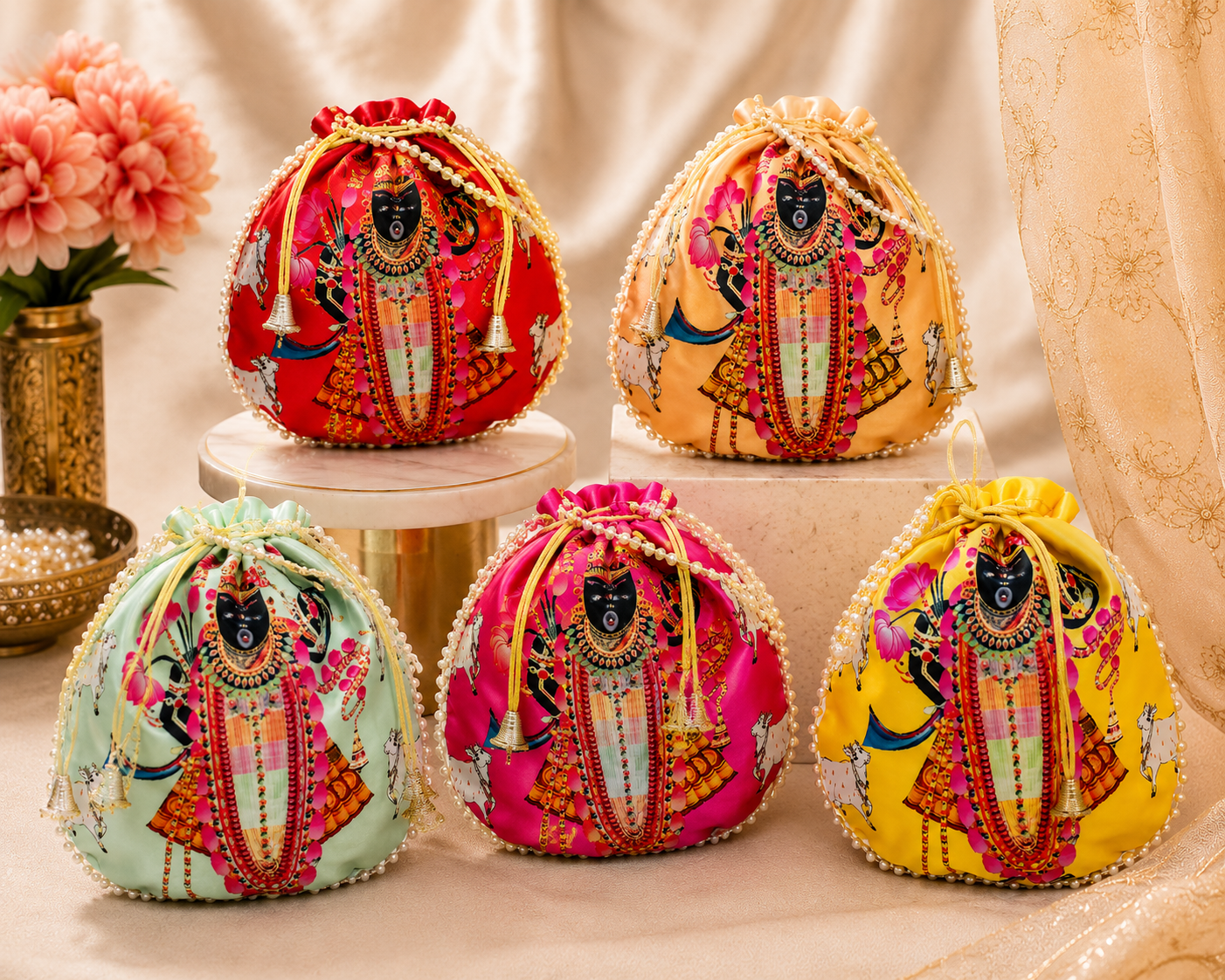 Shrinathji Digital Print Potli Bag for Women – Traditional Shagun Pouch with Pearl Handle | Wedding & Housewarming Gift