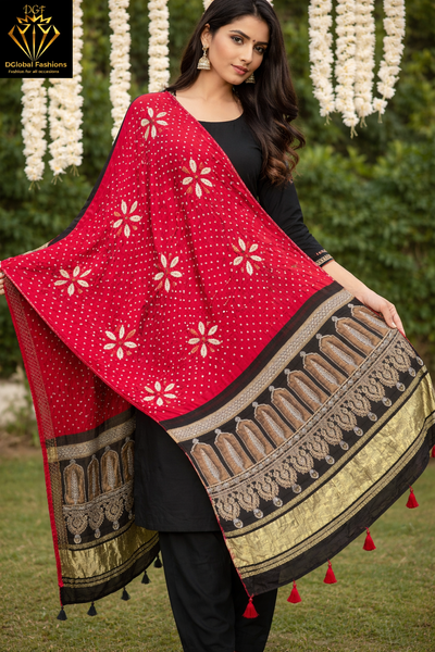 Bandhani with Hand Block Ajrakh (vegetable dye) Gajji Silk Dupatta