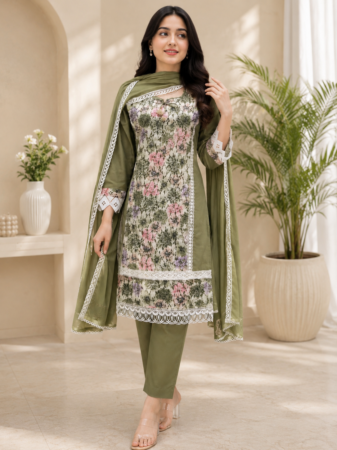 Cotton Silk Suit Set with Elegant Thread Embroidery & Delicate Lace Work