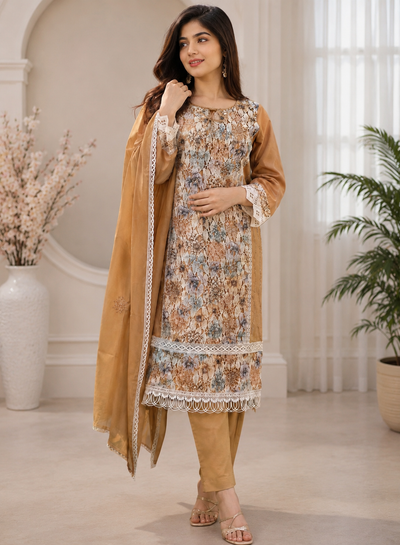 Cotton Silk Suit Set with Elegant Thread Embroidery & Delicate Lace Work