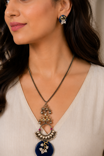 Pendant Necklace & Matching Earrings Set Oxidized Silver Finish